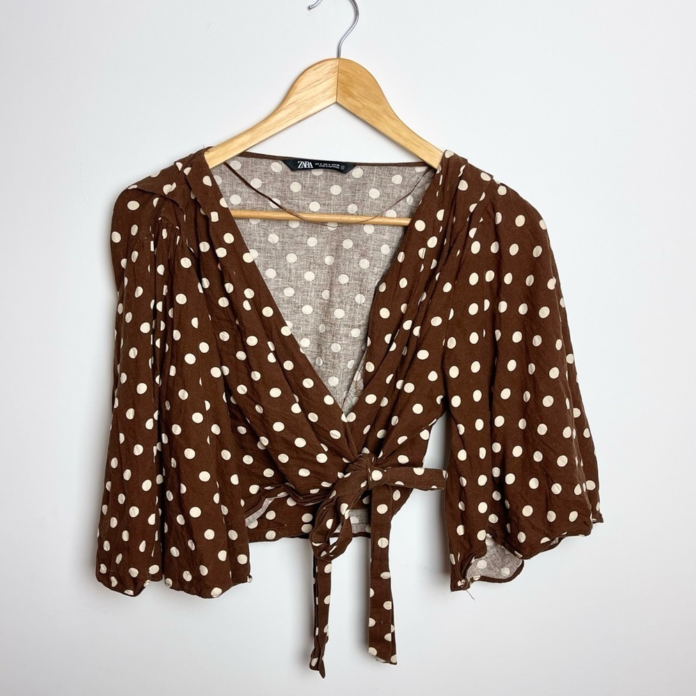 Zara Brown Polka Dot Wrap Cropped Top Flowy Arms - size S